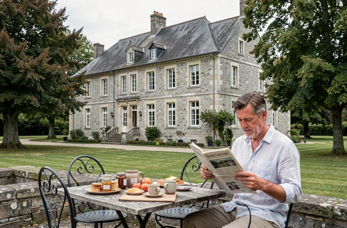 Domaine de Fondain à Cournols, terrasse petit-déjeuner d'une maison d'hôtes en pierre du Puy-de-Dôme