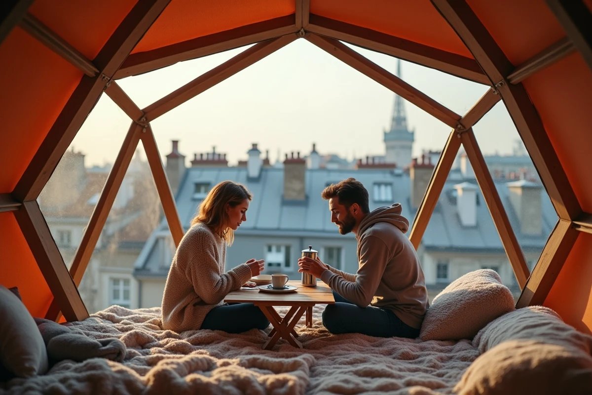 Couple prenant le petit-déjeuner dans un dôme géodésique sur un toit-terrasse parisien, hébergement insolite et durable