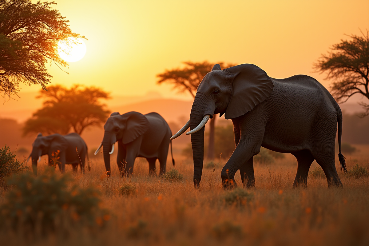 Troupe d'éléphants majestueux dans la savane africaine