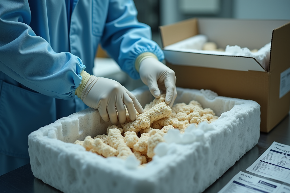 Main gantée emballant fragments de corail dans un terminal cargo