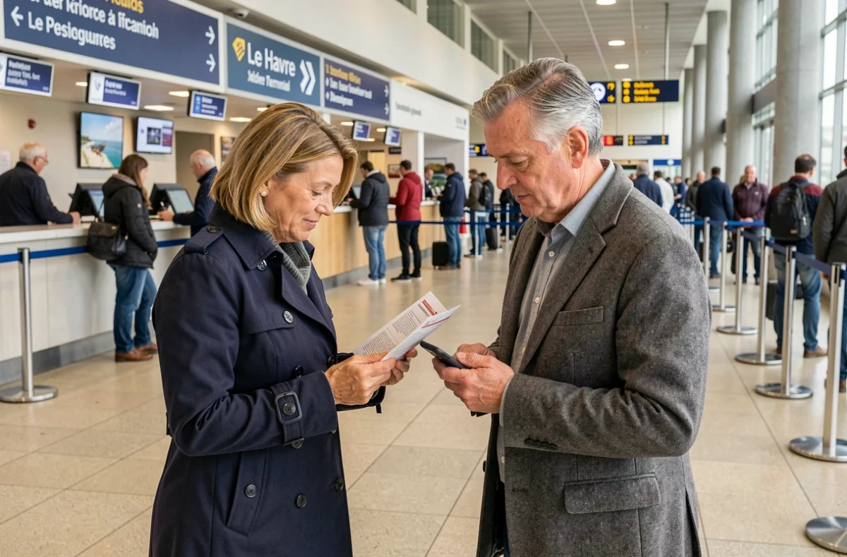 Couple consultant ses documents d'embarquement au comptoir d'enregistrement du terminal de croisière du Havre