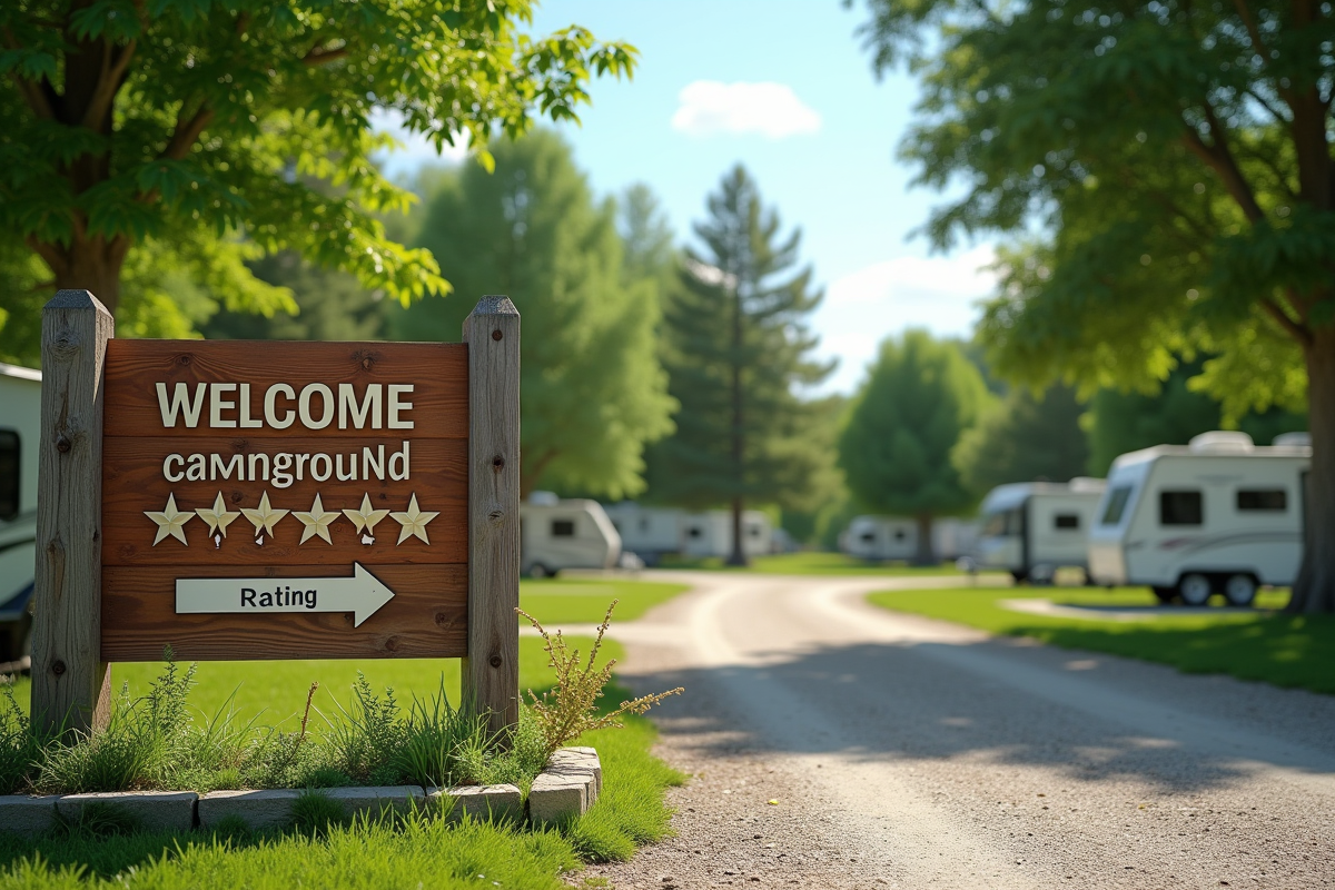 Entrée de camping accueillante avec panneau d'évaluation cinq étoiles