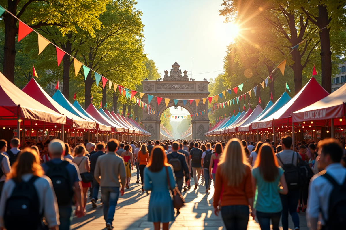 Entrée extérieure de la Foire de Paris avec foule et drapeaux colorés