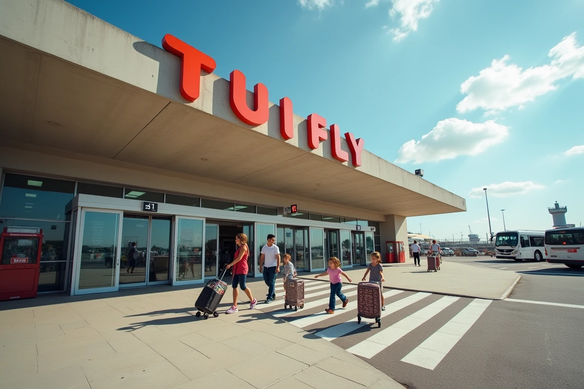 Entrée du terminal d'Orly avec signalétique TUI FLY et passagers en partance