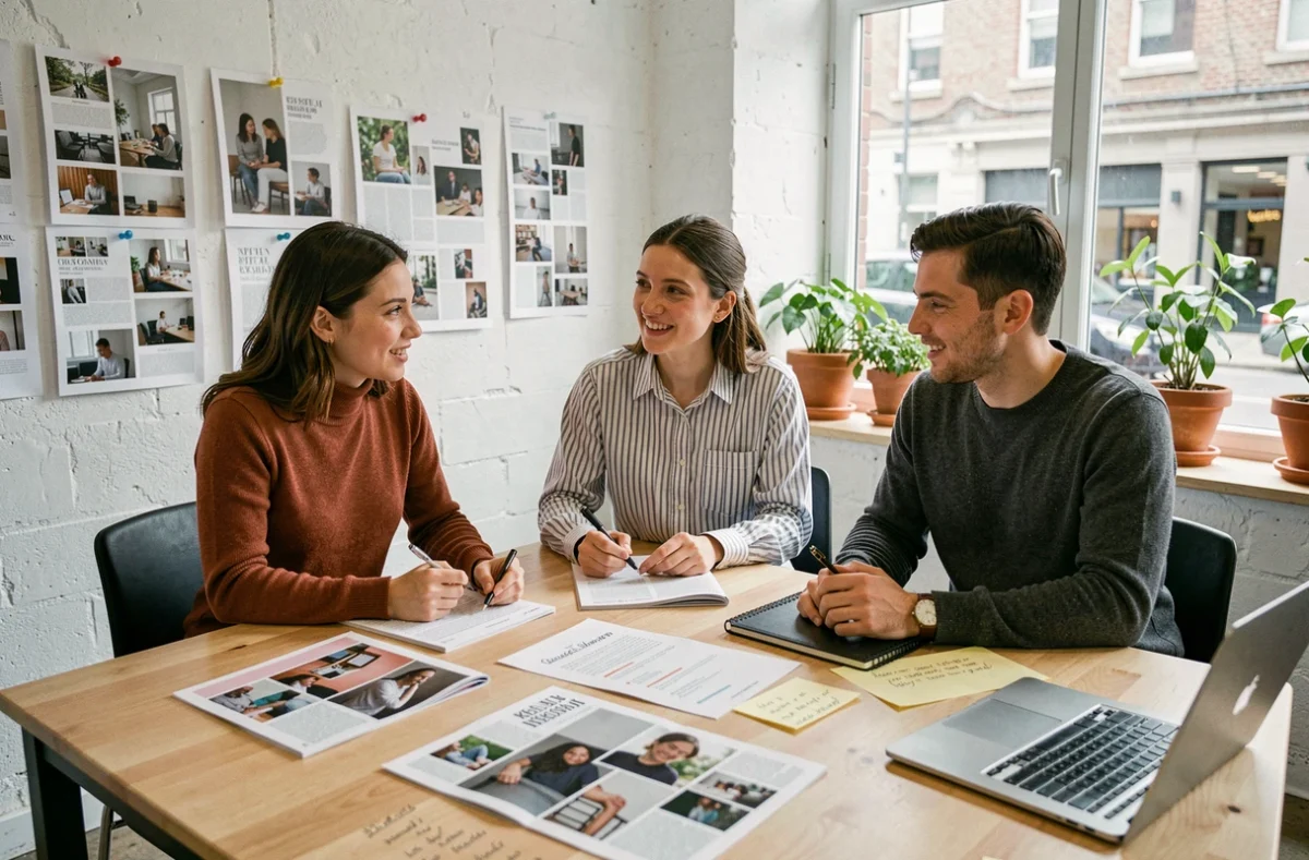 Équipe de jeunes créatifs collaborant autour de magazines culturels dans un espace de coworking moderne