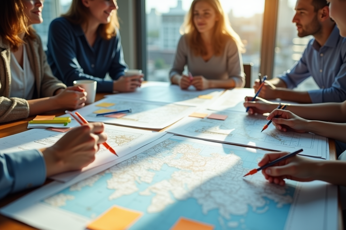 Groupe de collègues autour d une table avec cartes et notes