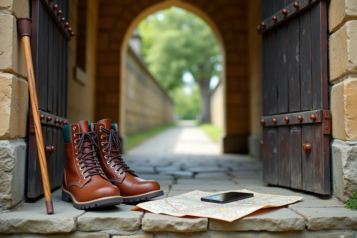 Chaussures de randonnée, bâton de marche, carte papier et smartphone posés sur le seuil en pierre d'une abbaye de pèlerinage
