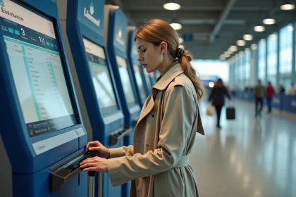 Femme stressée devant un kiosque de réservation du tunnel sous la Manche comparant les prix des billets