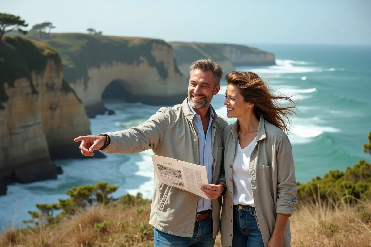 Couple explorant les falaises côtières du Pays basque près de Biarritz avec un guide local