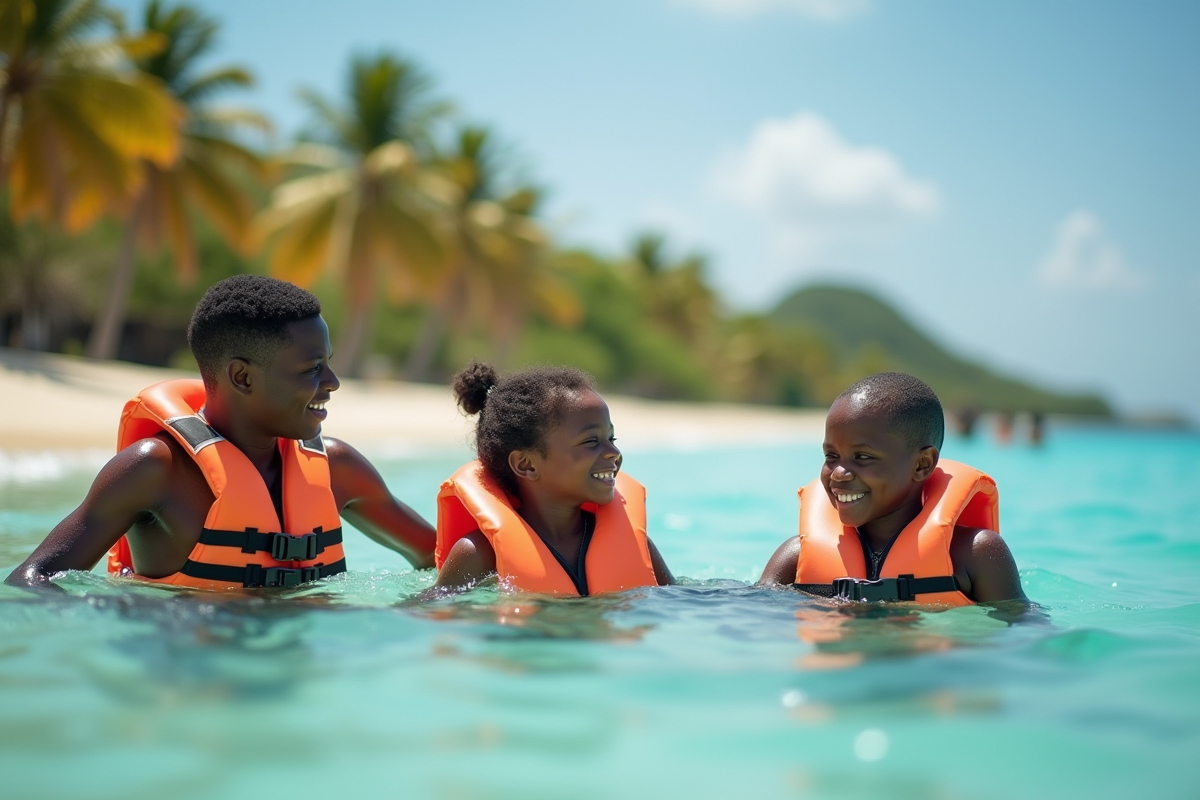 Famille apprenant à nager près du rivage à Zanzibar