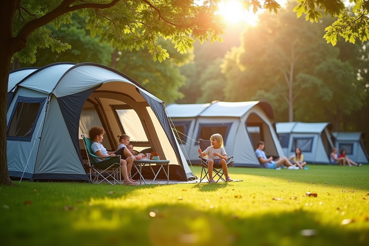 Famille profitant du camping avec enfants et tente moderne en plein air