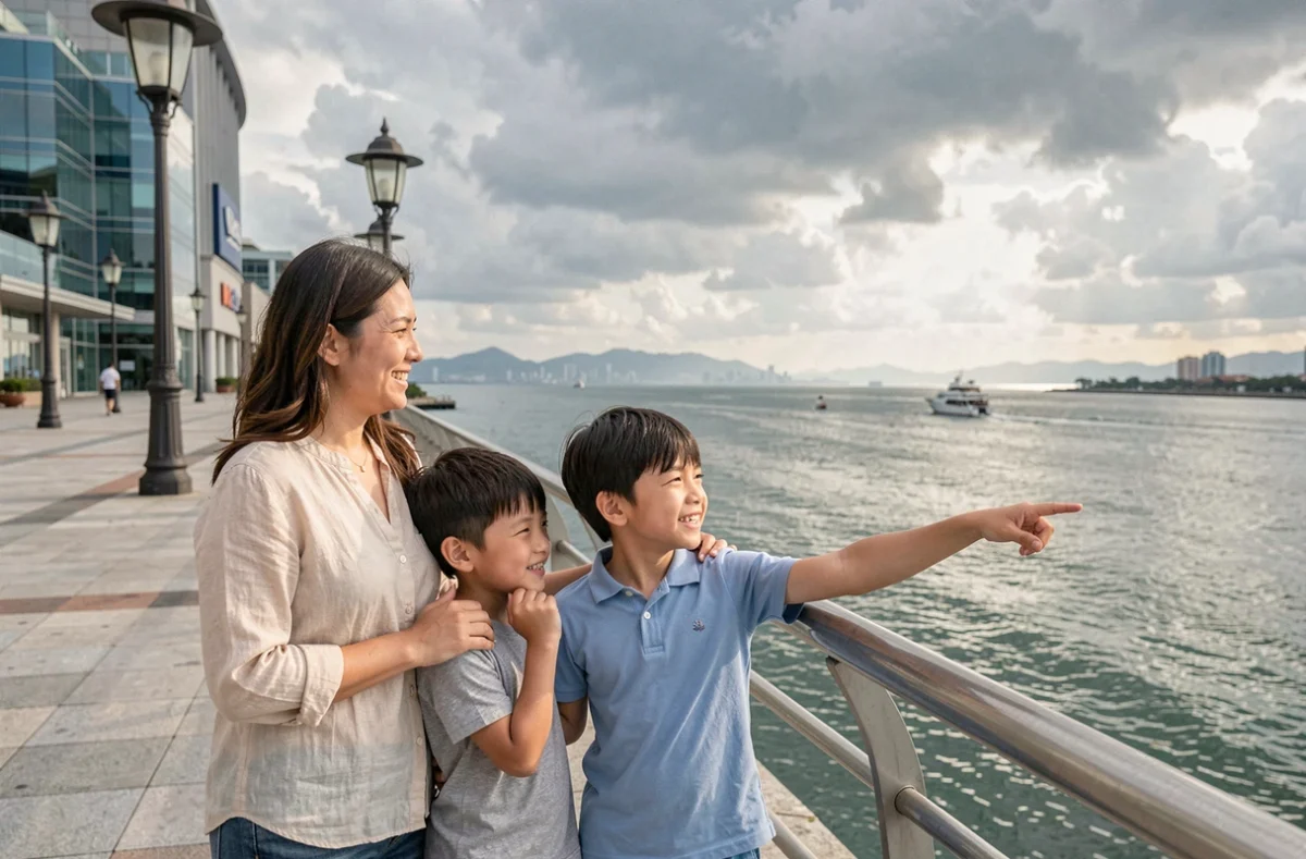 Mère et ses deux fils admirant la baie de Manille depuis la promenade du Mall of Asia aux Philippines