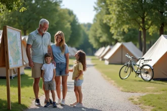 Famille de quatre en camping moderne sur un chemin de gravier