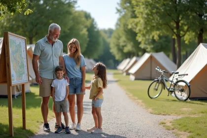 Famille de quatre en camping moderne sur un chemin de gravier