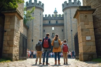 Famille de touristes présentant leur réservation à l'entrée d'un château fort médiéval en France