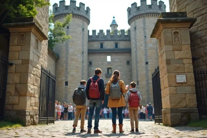 Famille de touristes présentant leur réservation à l'entrée d'un château fort médiéval en France