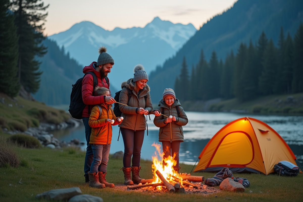 Famille autour du feu de camp en randonnée en nature