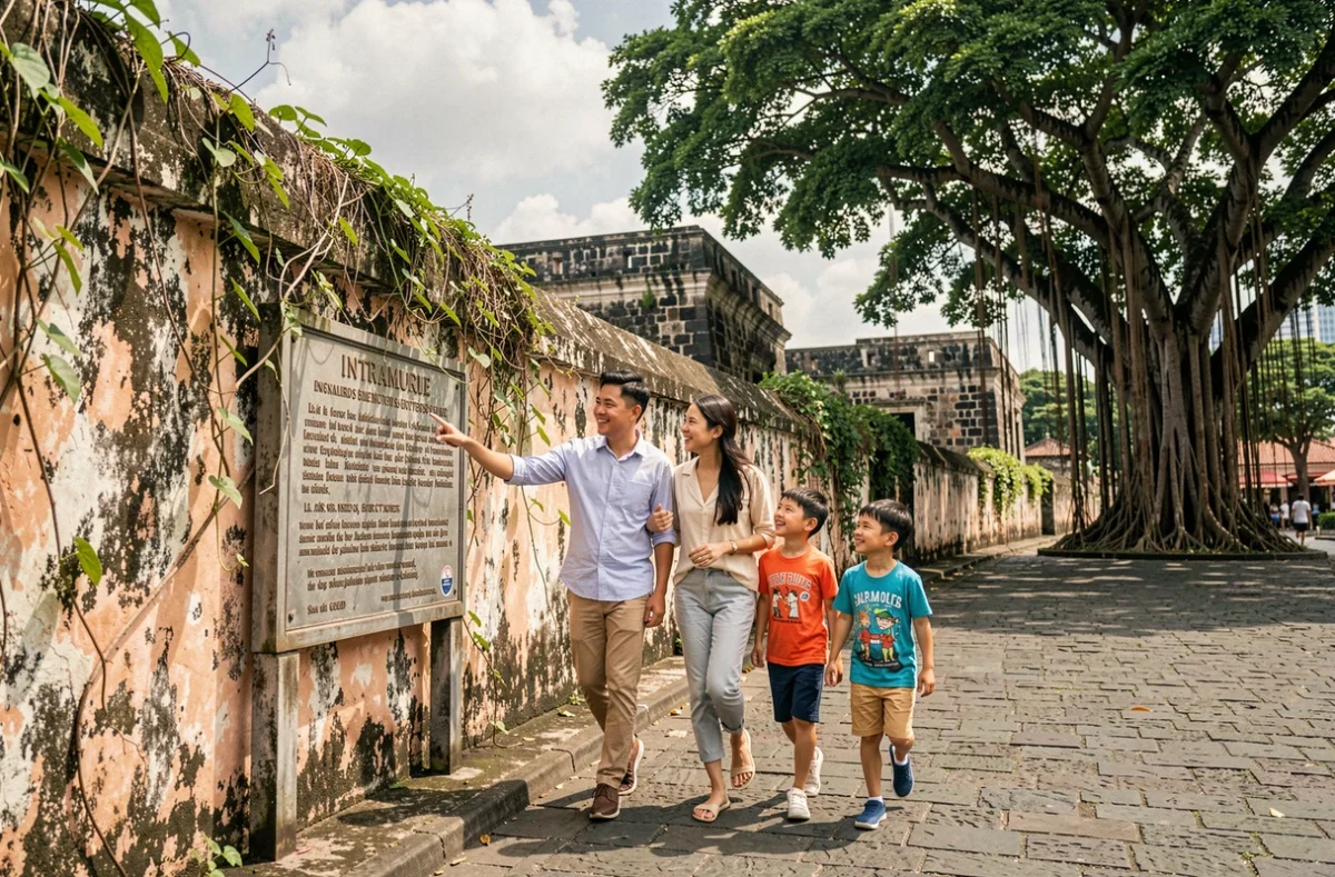Famille en visite à Fort Santiago dans l'Intramuros de Manille, Philippines, avec deux enfants devant les murs historiques en pierre