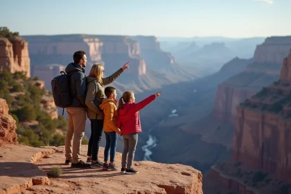 Famille de quatre au bord du Grand Canyon en plein air