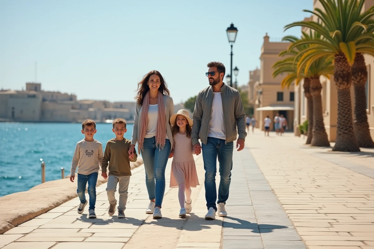 Famille de quatre promenade en Malte avec architecture historique