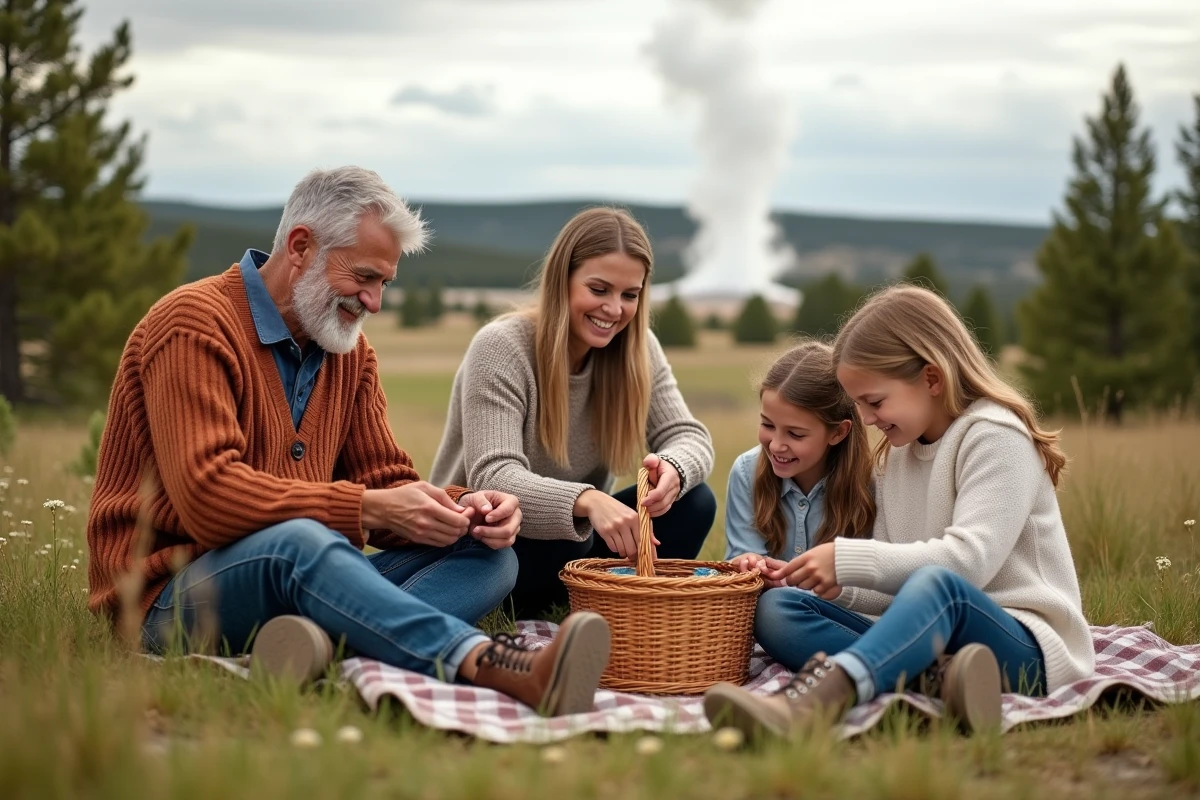 Famille multigenerational faisant un pique-nique dans la nature