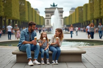 Famille souriante sur un banc à la Place de la République