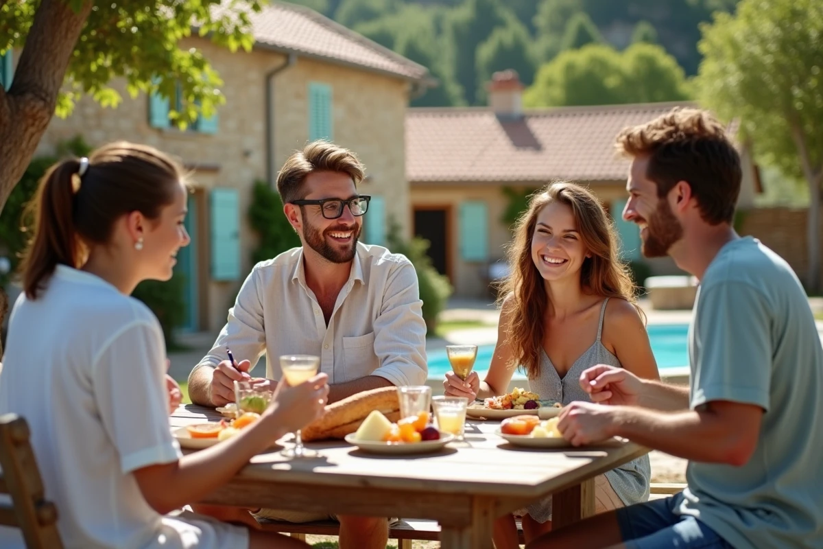 Famille française profitant d'un repas en plein air dans un village de vacances Iris Vacances en France