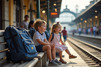Famille jeune famille dans une gare européenne animée