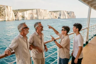 Famille en voyage en Méditerranée sur le pont d'un ferry, contemplant une côte calcaire et la mer turquoise