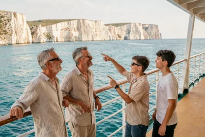 Famille en voyage en Méditerranée sur le pont d'un ferry, contemplant une côte calcaire et la mer turquoise