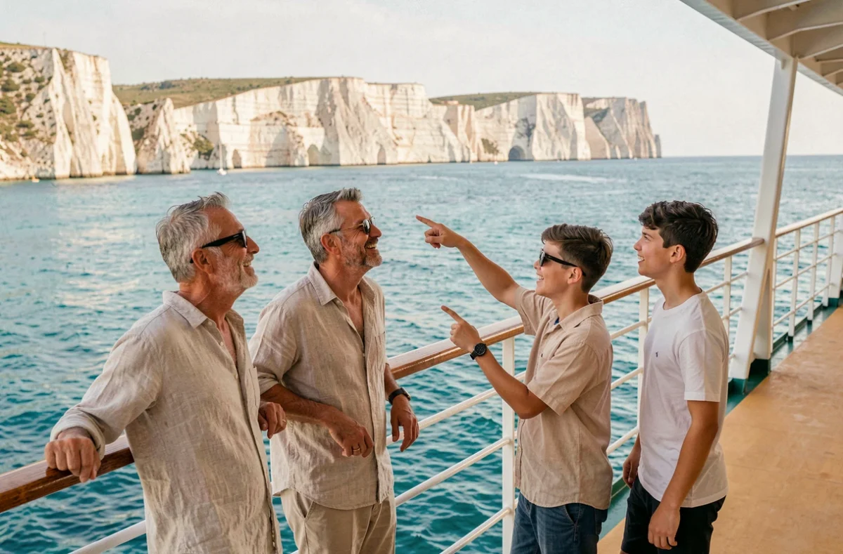 Famille en voyage en Méditerranée sur le pont d'un ferry, contemplant une côte calcaire et la mer turquoise