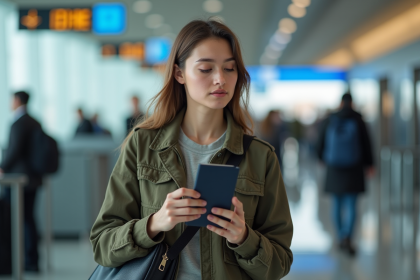 Jeune femme à l'aéroport récupérant son passeport