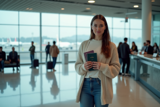 Femme à l'aéroport tenant son passeport avec concentration
