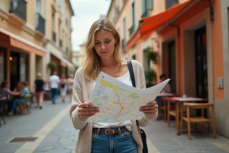 Femme regardant une carte dans les rues d'Aix en Provence