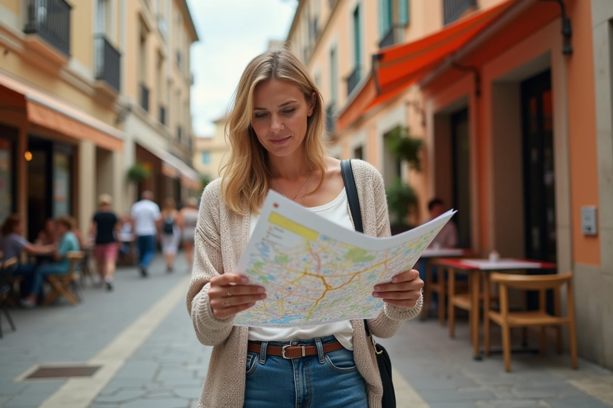 Femme regardant une carte dans les rues d'Aix en Provence