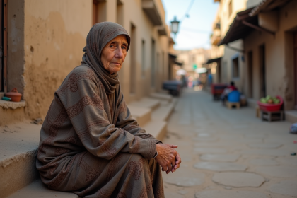 Femme âgée en foulard et robe traditionnelle dans une rue nord-africaine
