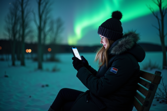 Femme vérifiant la prévision d'aurores boréales en plein air