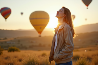 Jeune femme souriante regardant des ballons colorés au lever du soleil