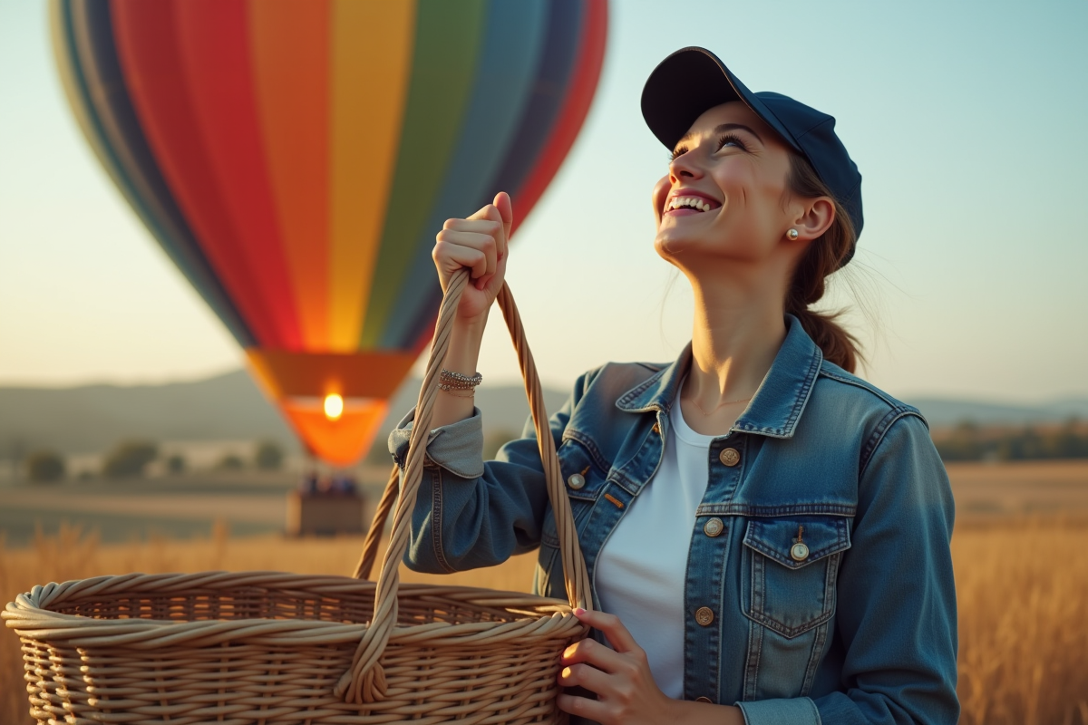 Femme souriante en denim et casquette regardant le ballon