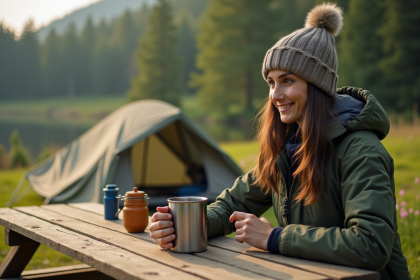 Jeune femme au camping en forêt au matin avec café