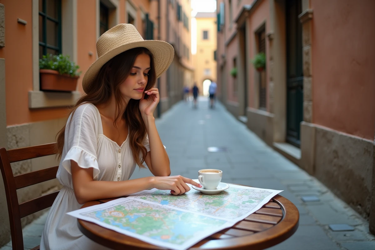 Jeune femme consultant une carte de Sienne dans une ruelle médiévale avec une tasse d'espresso sur la table