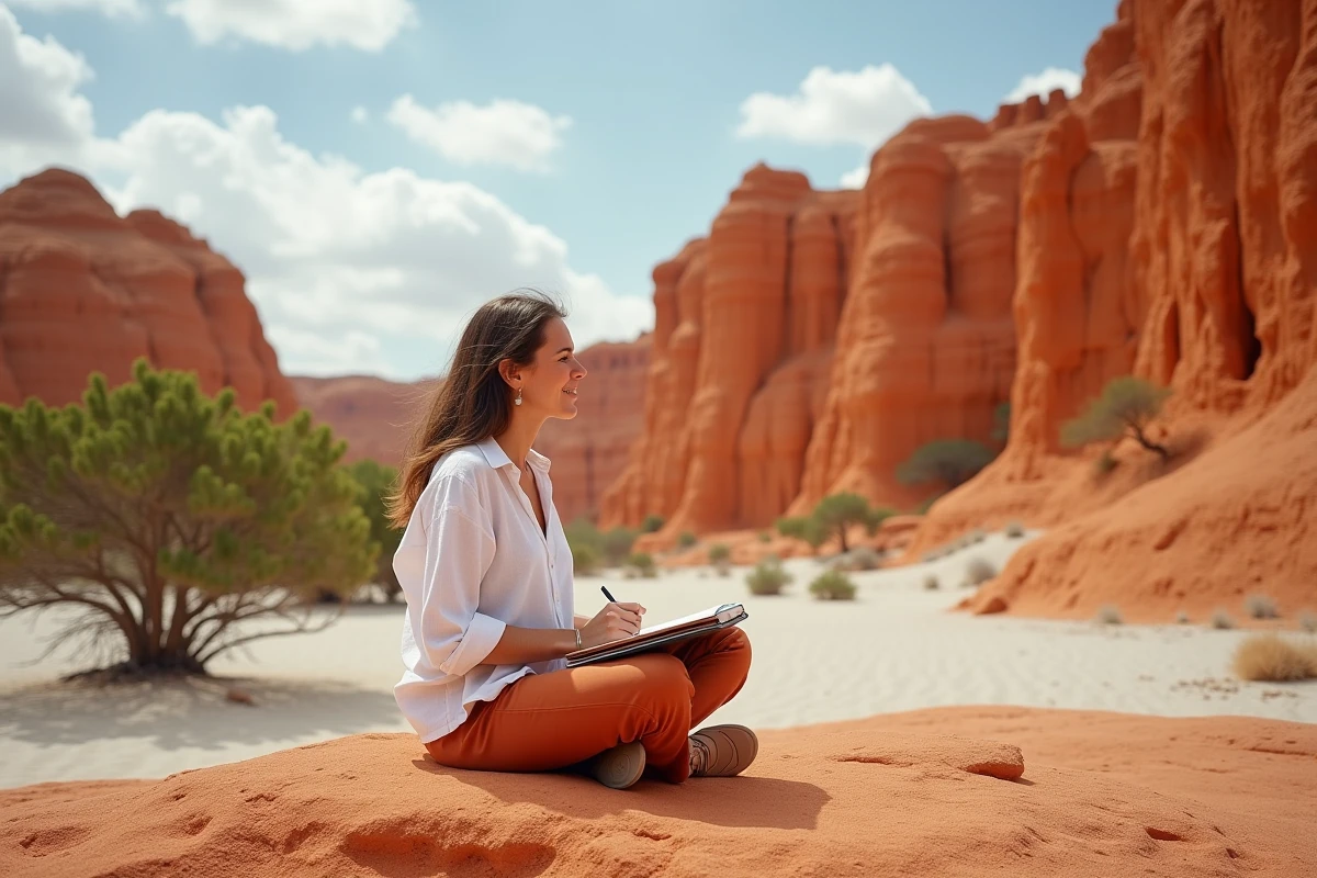 Femme dessinant au milieu des formations ocre et des falaises rouges du Colorado Provençal à Rustrel dans le Vaucluse