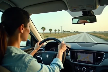 Femme conduisant sur l'autoroute entre Miami et Orlando avec GPS activé sur le tableau de bord