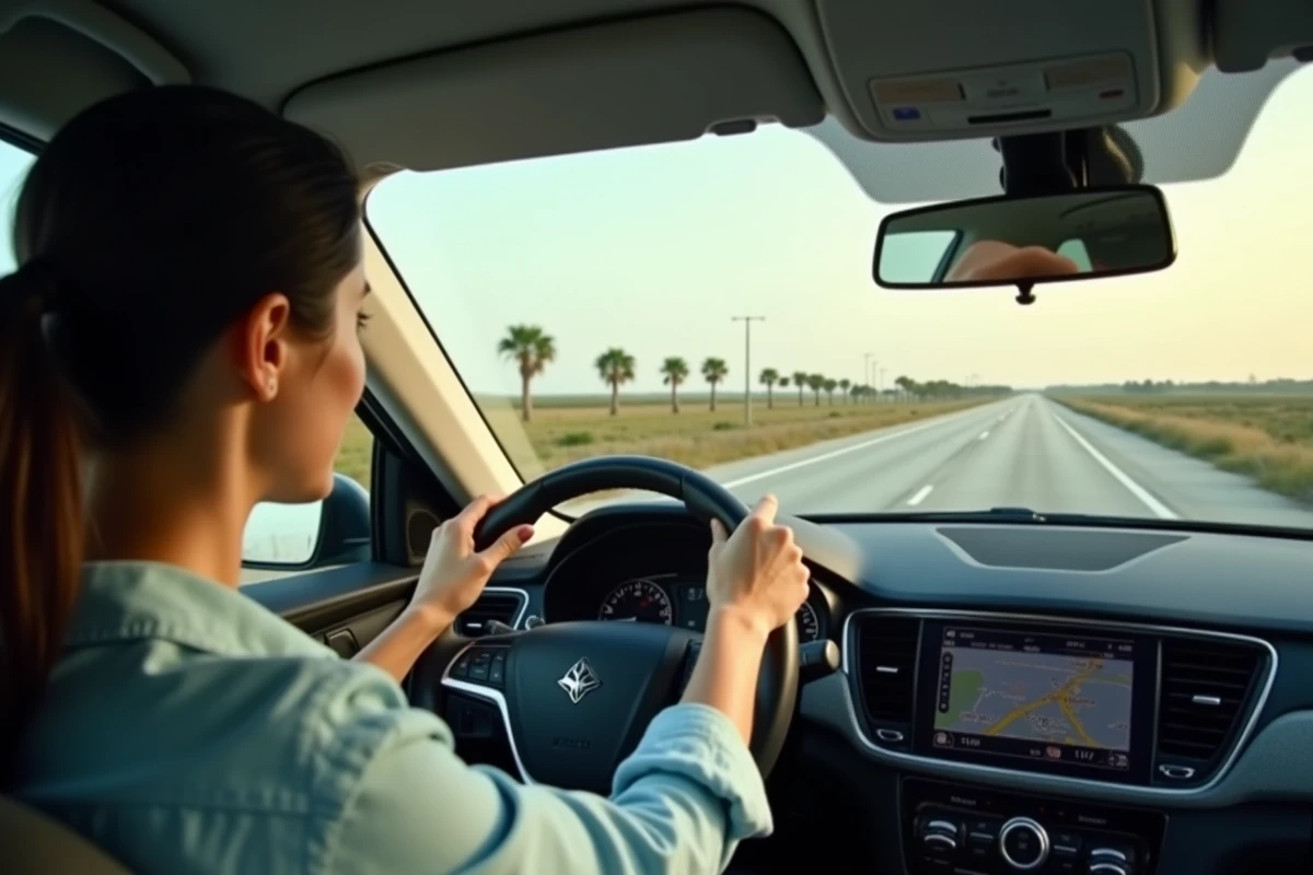 Femme conduisant sur l'autoroute entre Miami et Orlando avec GPS activé sur le tableau de bord