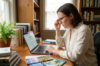 Femme consultant un contrat de location en ligne sur un ordinateur portable dans un bureau à domicile avant un voyage