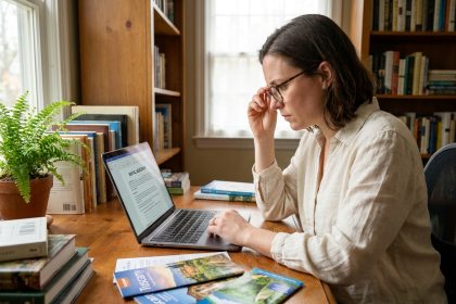 Femme consultant un contrat de location en ligne sur un ordinateur portable dans un bureau à domicile avant un voyage