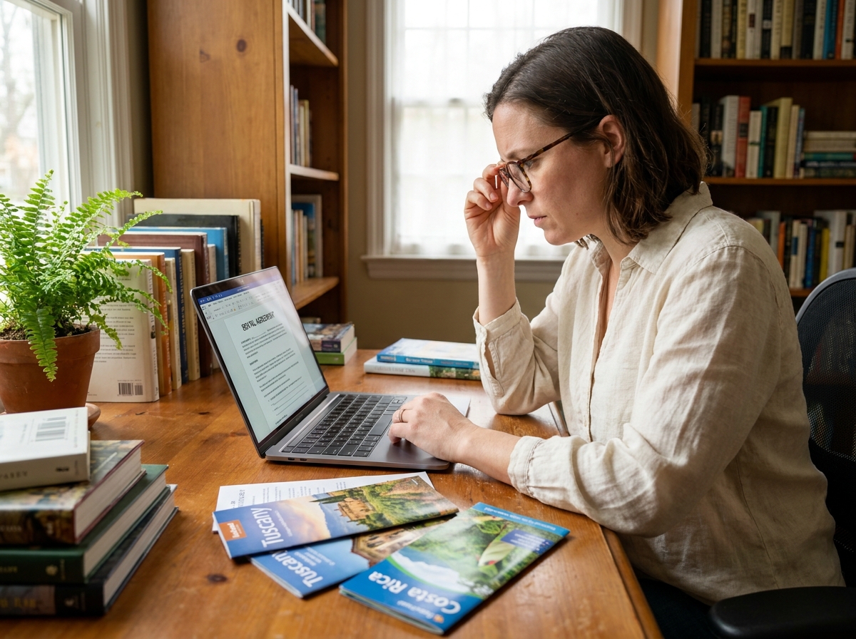 Femme consultant un contrat de location en ligne sur un ordinateur portable dans un bureau à domicile avant un voyage
