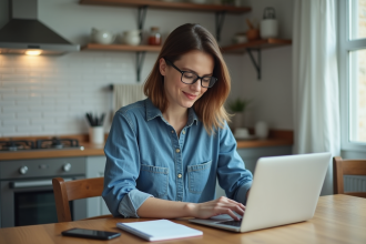 Femme assise à la cuisine avec ordinateur portable