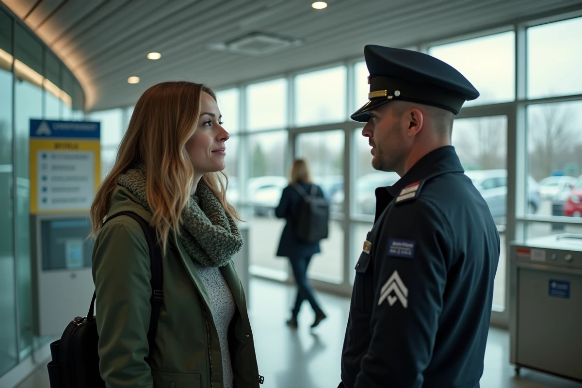 Femme en conversation avec un agent de douane au poste frontière