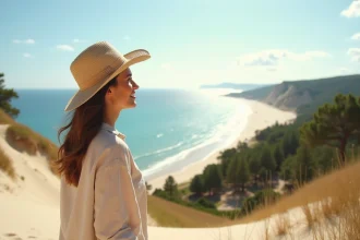 Femme souriante admire la dune du Pilat à Arcachon